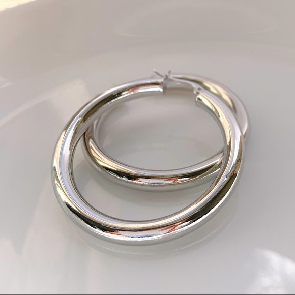 SILVER HOOP EARRINGS THICK TUBE HOOPS - Picture 3 of 5